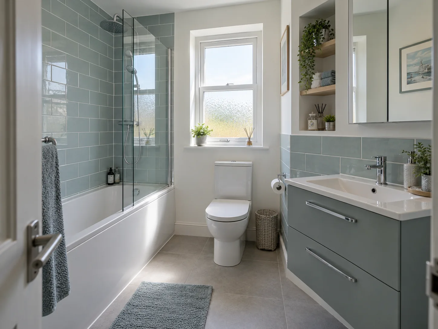 Modern bathroom with fitted bath, overhead shower and vanity storage