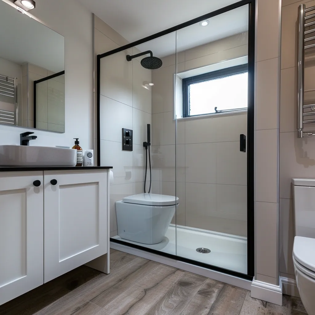 Modern bathroom with black-framed shower and white vanity