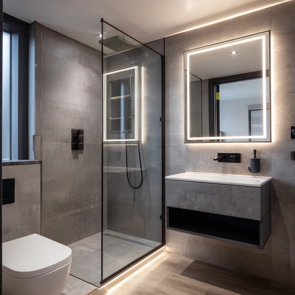 Dark contemporary shower room with lit mirror