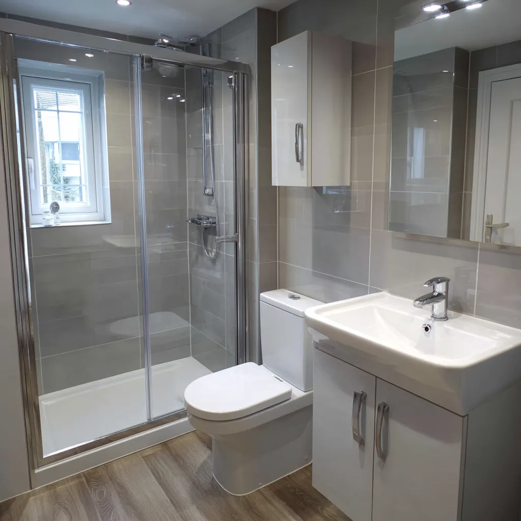 Compact grey bathroom with shower and storage cabinet