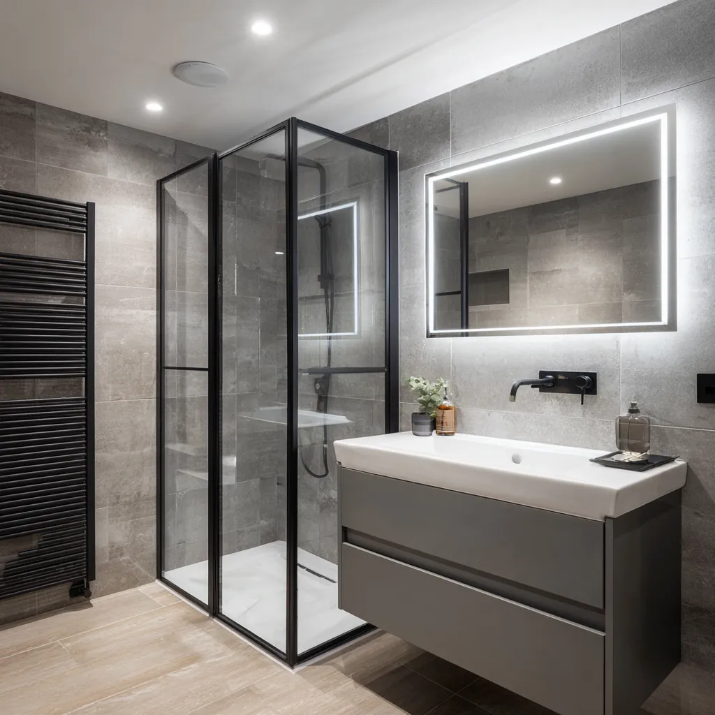 Grey-tiled modern shower room with floating vanity