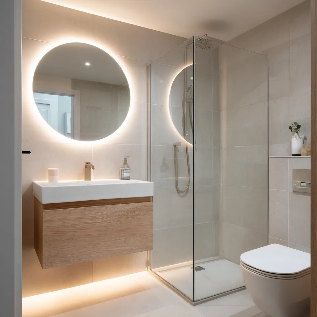 Light oak vanity beside a walk-in shower