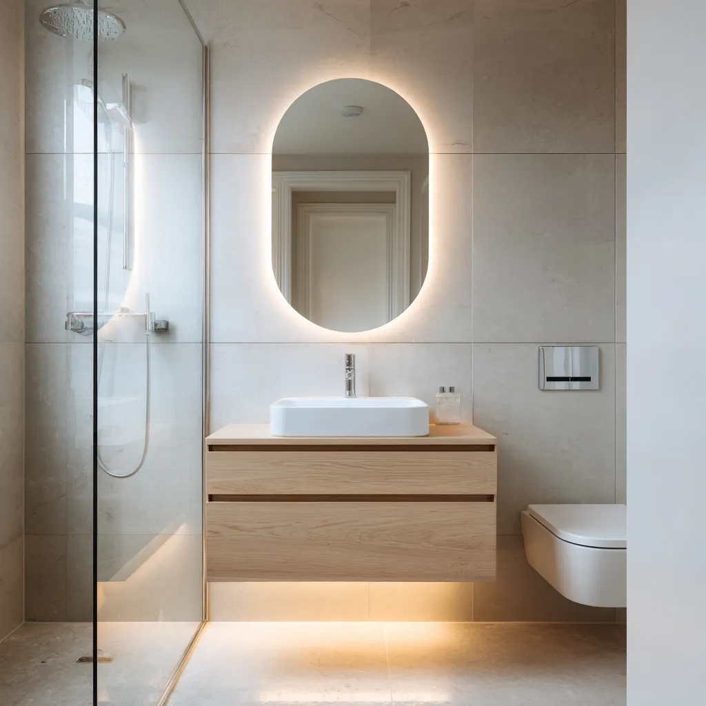 Warm modern bathroom with oak vanity and illuminated mirror