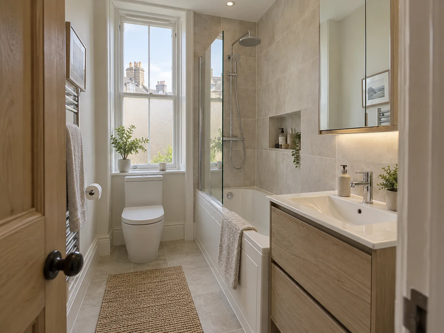 Narrow bathroom with fitted bath and useful storage